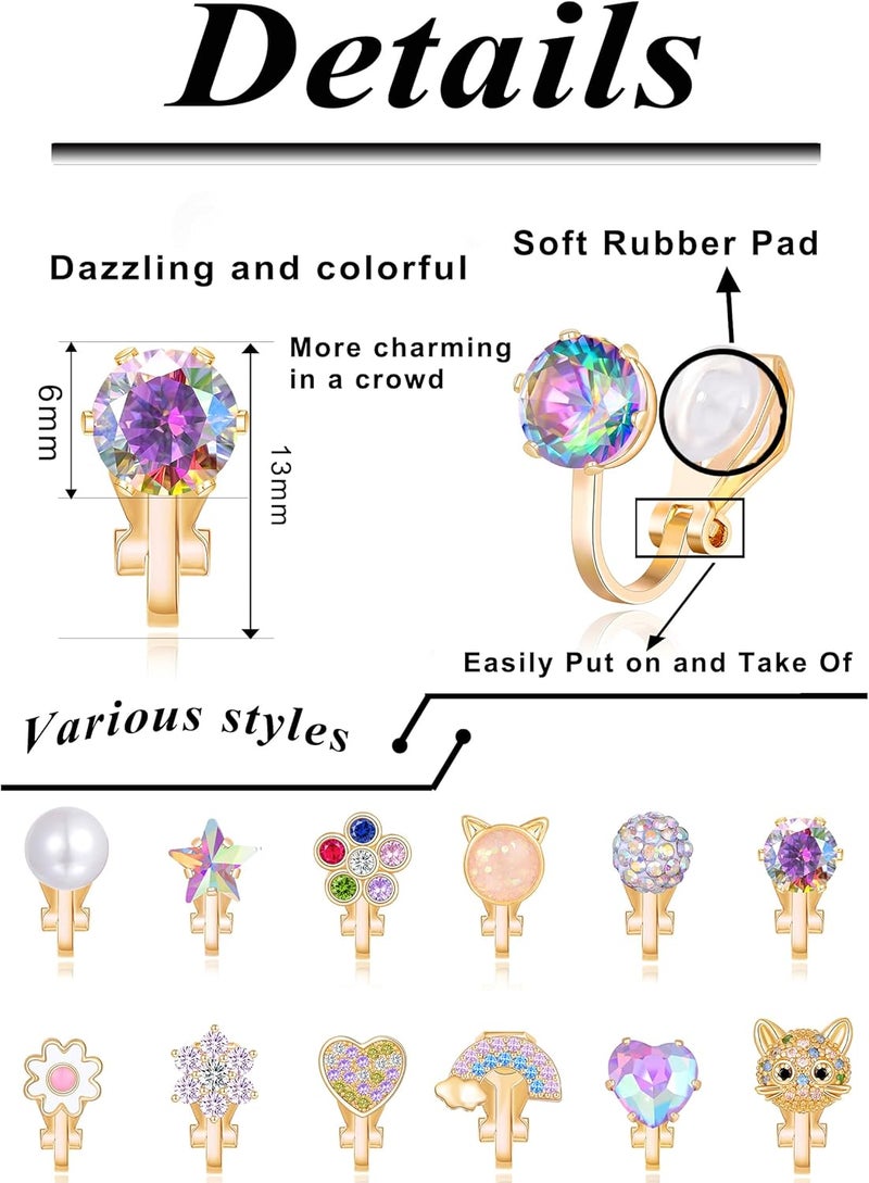 Tornito 10-15 Pairs Clip on Stud Earrings Non Pierced Teardrop Round Square CZ Pearl Twist Knot Flower Butterfly Heart Star Rainbow Cat Opal Clip on Earrings for Women - Image 2